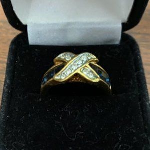 Clear CZs "X" over ROYAL BLUE SAPPHIRES (lab create) wide GF BAND RING * size 6